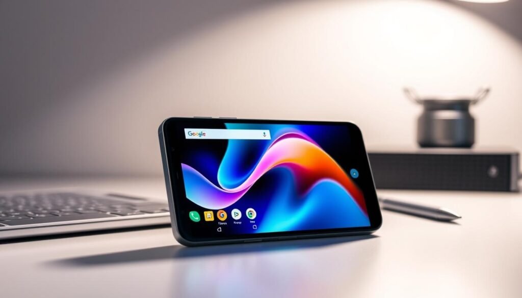 A clean, well-organized Android device with a glowing, optimized smartphone displaying vibrant visuals and smooth animations, set against a backdrop of a serene, minimalist workspace. The device is prominently featured, with a crisp, high-resolution screen showcasing its enhanced performance. Soft, directional lighting illuminates the scene, creating a sense of clarity and focus. The overall atmosphere exudes a feeling of productivity and efficiency, reflecting the ability to supercharge the device's capabilities.