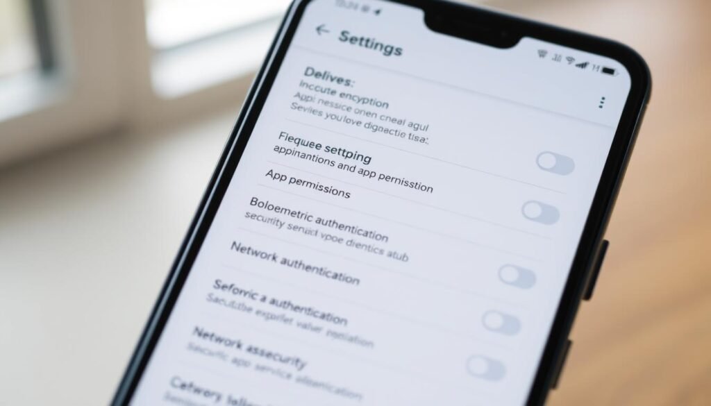 A detailed and modern-looking android smartphone screen displaying the security settings menu. In the foreground, a series of toggles and settings options are visible, including device encryption, app permissions, biometric authentication, and network security configurations. The middle ground features a clean, minimalist interface design with clear icons and labels. The background has a blurred, slightly gradient effect, creating a sense of depth and focus on the security settings. The lighting is bright and natural, conveying a sense of professionalism and utility. Overall, the image should communicate a comprehensive, easy-to-navigate android security settings experience.