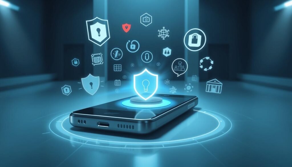 A detailed digital illustration of a secure Android smartphone. In the foreground, the device has a glowing force field surrounding it, protecting it from various digital threats such as malware, viruses, and hacking attempts. The force field emits a soft, blue-tinted light that casts subtle shadows on the phone's surface. In the middle ground, various security icons and symbols float around the device, representing firewalls, antivirus software, and encrypted data. The background is a sleek, minimalist environment with a cool, technological color palette, emphasizing the high-tech nature of the security measures. The lighting is dramatic, with a combination of directional and ambient lighting to create depth and atmosphere. The overall mood is one of strength, protection, and digital vigilance. A detailed digital illustration of a secure Android smartphone. In the foreground, the device has a glowing force field surrounding it, protecting it from various digital threats such as malware, viruses, and hacking attempts. The force field emits a soft, blue-tinted light that casts subtle shadows on the phone's surface. In the middle ground, various security icons and symbols float around the device, representing firewalls, antivirus software, and encrypted data. The background is a sleek, minimalist environment with a cool, technological color palette, emphasizing the high-tech nature of the security measures. The lighting is dramatic, with a combination of directional and ambient lighting to create depth and atmosphere. The overall mood is one of strength, protection, and digital vigilance.