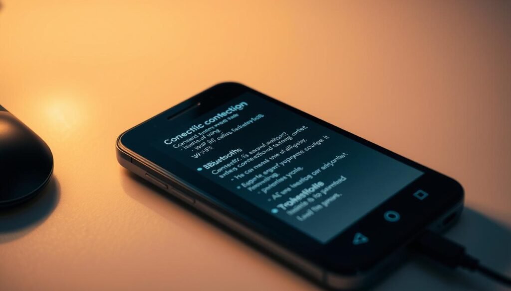 A detailed view of an Android smartphone screen, prominently displaying various connectivity indicators and error messages. The device is placed on a clean, minimalist desk surface, illuminated by warm, diffused lighting from an unseen source. The background is softly blurred, allowing the smartphone to take center stage. The screen shows Wi-Fi, cellular, and Bluetooth connection status icons, along with troubleshooting information and suggestions for resolving the connectivity issues. The overall mood is one of focus and problem-solving, conveying the sense of a user actively working to diagnose and fix their Android device's connectivity problems.