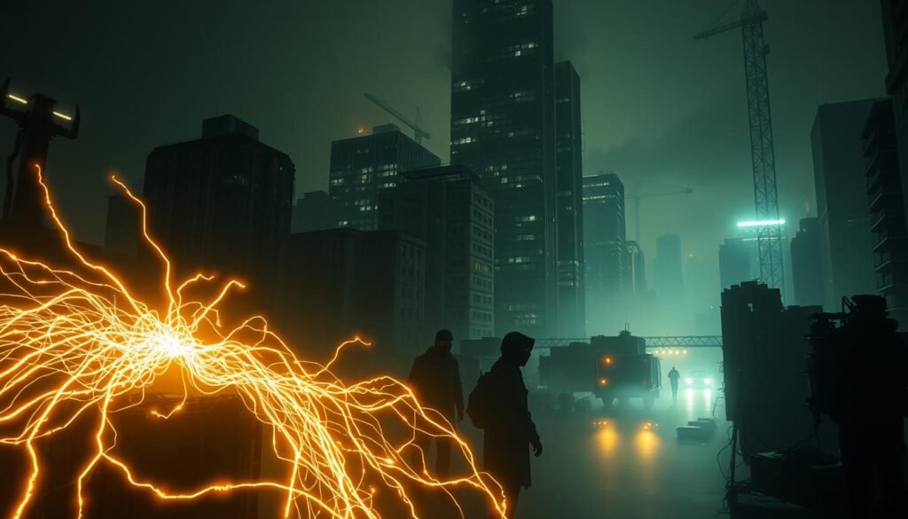 A dystopian cityscape at night, shrouded in a hazy, ominous atmosphere. In the foreground, a complex network of glowing cyberattack vectors and malware tendrils pulsate, casting an eerie glow over the crumbling urban landscape. In the middle ground, silhouettes of anonymous hackers and cybercriminals lurk, their faces obscured by digital masks. The background is dominated by towering skyscrapers, their windows dark and foreboding, symbolizing the vulnerable systems and critical infrastructure under constant threat. Dramatic chiaroscuro lighting highlights the sense of danger and unease, with sharp contrasts between light and shadow. The overall composition conveys a palpable sense of the growing cyber threat landscape that organizations must navigate and mitigate.