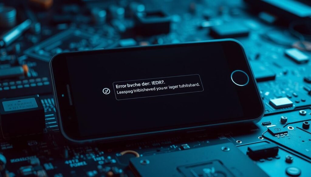 A high-tech android phone screen displays an error message, with a complex array of circuitry and electronic components visible in the background. The phone is illuminated by cool-toned, directional lighting, casting dramatic shadows and highlighting the intricate details. The scene has a moody, technical atmosphere, conveying the challenges of advanced troubleshooting. The phone is positioned at a slight angle, allowing the viewer to engage with the problem-solving process. The overall composition emphasizes the complexity of modern technology and the need for specialized knowledge to effectively address system malfunctions. A high-tech android phone screen displays an error message, with a complex array of circuitry and electronic components visible in the background. The phone is illuminated by cool-toned, directional lighting, casting dramatic shadows and highlighting the intricate details. The scene has a moody, technical atmosphere, conveying the challenges of advanced troubleshooting. The phone is positioned at a slight angle, allowing the viewer to engage with the problem-solving process. The overall composition emphasizes the complexity of modern technology and the need for specialized knowledge to effectively address system malfunctions.