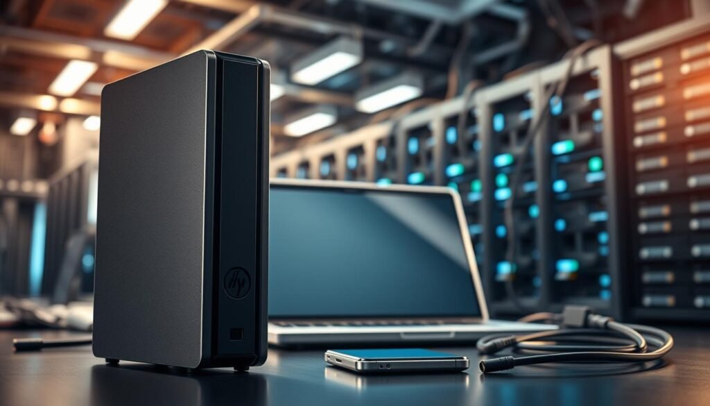 A meticulously crafted image showcasing a variety of backup and disaster recovery tools. In the foreground, a sleek external hard drive and a robust server tower stand in the spotlight, conveying the reliability and versatility of data storage solutions. The middle ground features a laptop and smartphone, symbolizing the seamless integration of mobile and desktop data management. In the background, a network of cables and server racks suggest the complex infrastructure required for comprehensive data protection. The lighting is soft and warm, creating an atmosphere of professionalism and attention to detail. The overall composition evokes a sense of security, organization, and technological sophistication.