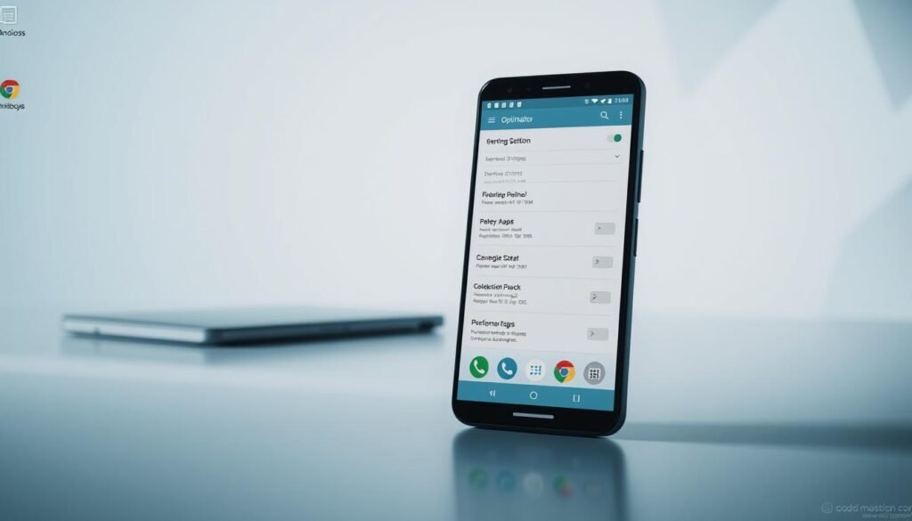 A minimalist, yet sleek and modern desktop interface with an Android smartphone prominently displayed, its screen showcasing various optimization settings and performance metrics. The smartphone is bathed in soft, directional lighting, casting subtle shadows that accentuate its form. In the background, a blurred, clean workspace with subtle geometric patterns, suggesting a professional, technology-focused environment. The overall mood is one of efficiency, control, and a sense of empowerment over the device's performance. A minimalist, yet sleek and modern desktop interface with an Android smartphone prominently displayed, its screen showcasing various optimization settings and performance metrics. The smartphone is bathed in soft, directional lighting, casting subtle shadows that accentuate its form. In the background, a blurred, clean workspace with subtle geometric patterns, suggesting a professional, technology-focused environment. The overall mood is one of efficiency, control, and a sense of empowerment over the device's performance.