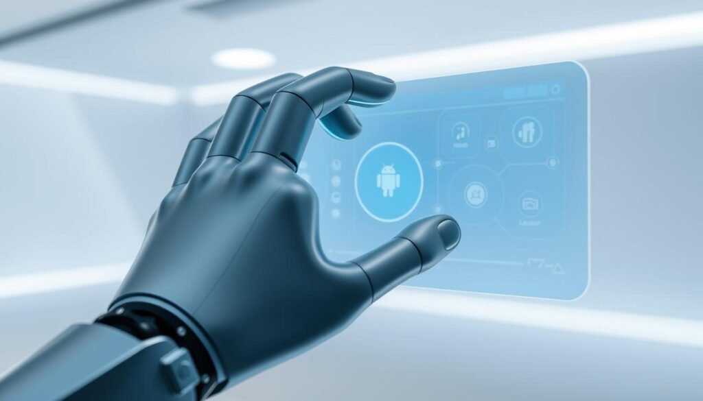 A sleek, futuristic android hand navigating a holographic interface, showcasing smooth, intuitive gesture controls. The android's metallic fingers glide effortlessly across a translucent display, manipulating virtual elements with precision. The background is a minimalist, high-tech environment, with clean lines and a cool, blue-tinted color palette. Soft, diffused lighting illuminates the scene, casting subtle shadows and highlights on the android's form. The overall atmosphere conveys a sense of advanced technology, seamless interaction, and a refined, user-centric Android experience.