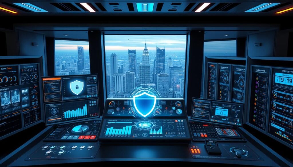 A sleek, futuristic control panel with various cybersecurity software components arranged in a stylized layout. In the foreground, a central dashboard displays real-time security metrics, with glowing icons and holographic data visualizations. Surrounding it, a array of specialized modules like firewalls, encryption tools, and threat detection algorithms, each with their own intricate displays and control interfaces. The middle ground features server racks and network topology diagrams, bathed in a cool, bluish light. In the background, a panoramic window overlooks a dynamic cityscape, hinting at the software's role in safeguarding the digital infrastructure. The overall atmosphere is one of advanced, cutting-edge technology dedicated to comprehensive cybersecurity.