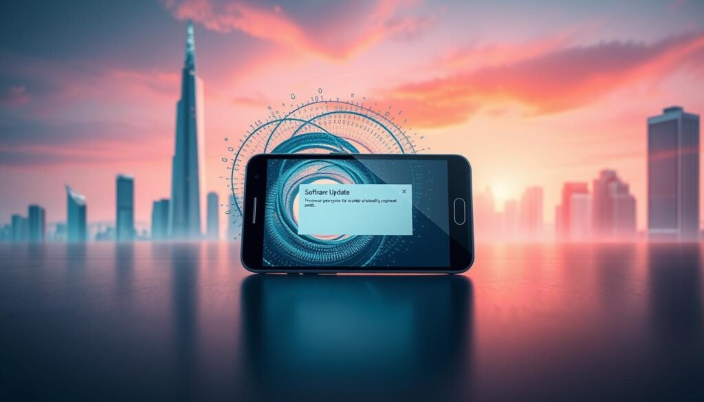 A sleek, modern android device in the foreground, its screen displaying a software update dialog. In the middle ground, a swirling vortex of binary code and digital particles, symbolizing the complexity of the update process. The background depicts a minimalist, futuristic cityscape, with towering skyscrapers and a vibrant, neon-tinged sky, creating a sense of technological advancement. Soft, directional lighting illuminates the scene, casting dramatic shadows and highlights. The overall mood is one of progress, efficiency, and the seamless integration of technology into our lives. A sleek, modern android device in the foreground, its screen displaying a software update dialog. In the middle ground, a swirling vortex of binary code and digital particles, symbolizing the complexity of the update process. The background depicts a minimalist, futuristic cityscape, with towering skyscrapers and a vibrant, neon-tinged sky, creating a sense of technological advancement. Soft, directional lighting illuminates the scene, casting dramatic shadows and highlights. The overall mood is one of progress, efficiency, and the seamless integration of technology into our lives.