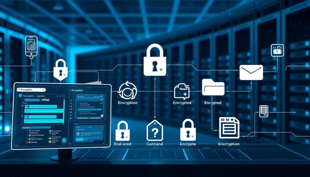A sleek, modern data security control panel surrounded by various encryption and communication tools. In the foreground, a futuristic display showcases encryption algorithms and secure chat interfaces. In the middle ground, a trio of stylized icons representing VPNs, end-to-end encrypted messaging, and file encryption software. In the background, a subtle grid of data centers and server racks, bathed in a cool, blue-tinted lighting that evokes a sense of safety and reliability. The overall composition conveys the power and sophistication of enterprise-grade data protection solutions.