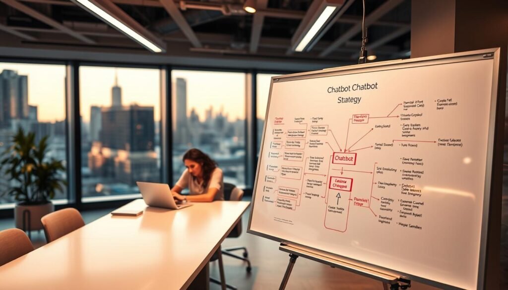 A sleek, modern office setting with a large whiteboard taking up the foreground. On the whiteboard, a detailed flowchart depicting the key steps of a chatbot development strategy, meticulously diagrammed in vibrant colors. In the middle ground, a team of software engineers and designers huddled around a laptop, collaborating intently. The background showcases the cityscape beyond the office windows, bathed in warm, golden lighting that creates a sense of productivity and innovation. The overall atmosphere is one of focus, creativity, and a strategic approach to building an effective chatbot solution.