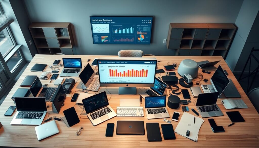 A sprawling office desk, its surface cluttered with laptops, tablets, and smartphones, each a potential entry point for cyber threats. Amidst the digital devices, a sleek, modern security console commands attention, its dashboard displaying real-time threat detection and mitigation data. Soft, diffused lighting illuminates the scene, casting subtle shadows that convey a sense of gravitas and importance. The room's atmosphere is one of quiet contemplation, as the IT security team pores over the metrics, assessing vulnerabilities and devising strategies to fortify the organization's digital defenses. This image captures the essence of an endpoint security audit, a critical process in safeguarding the modern business landscape.