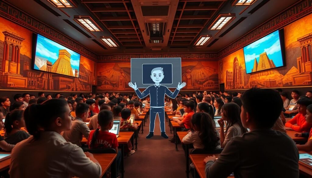 An expansive classroom filled with attentive students, their faces aglow with the warm light of holographic displays. In the center, a floating avatar of ChatGPT gestures animatedly, guiding the class through interactive lessons on history, science, and literature. The walls are adorned with vibrant murals depicting ancient Egyptian landmarks, juxtaposed with futuristic technological elements. The atmosphere is one of intellectual curiosity and wonder, as the students engage with the AI assistant, eager to expand their knowledge and explore new frontiers of learning.