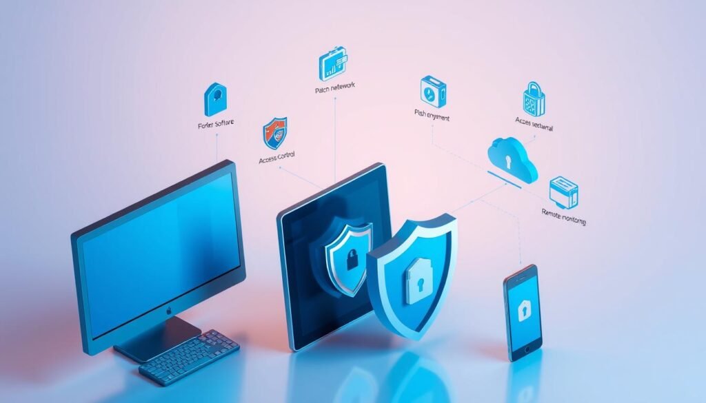 An isometric diagram showcasing the essential components of comprehensive endpoint security for a business. In the foreground, a sleek desktop computer, tablet, and smartphone devices, each protected by a robust security shield. In the middle ground, various security tools and services including a firewall, antivirus software, patch management, and access control. In the background, a secure cloud network, data encryption, and remote monitoring. The scene is bathed in a cool, blue-toned lighting, conveying a sense of reliability and technological sophistication. The overall atmosphere is one of a well-protected, modern business environment safeguarded against cyber threats. An isometric diagram showcasing the essential components of comprehensive endpoint security for a business. In the foreground, a sleek desktop computer, tablet, and smartphone devices, each protected by a robust security shield. In the middle ground, various security tools and services including a firewall, antivirus software, patch management, and access control. In the background, a secure cloud network, data encryption, and remote monitoring. The scene is bathed in a cool, blue-toned lighting, conveying a sense of reliability and technological sophistication. The overall atmosphere is one of a well-protected, modern business environment safeguarded against cyber threats.
